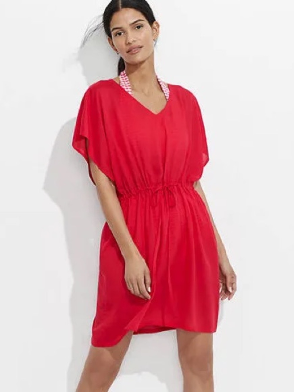 Lands’ End Sheer Oversized Gathered Waist Swim Cover-up Dress L Strawberry